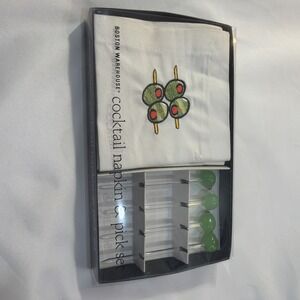 Boston Warehouse Cocktail Napkin and Glass Pick Set New in Box Green Olive 🫒 24